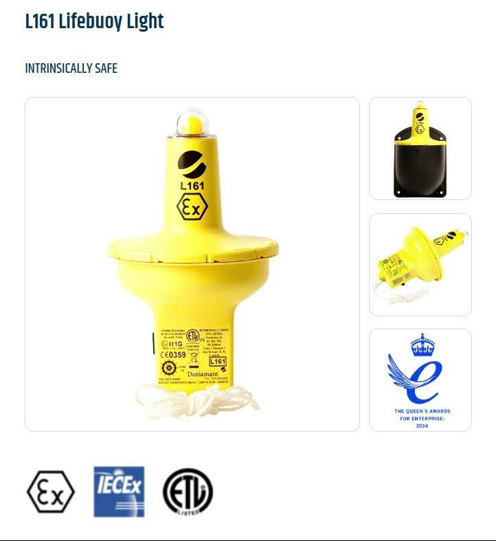 Lifebuoy light L161 Intrinsically safe, ATEX, IECEx, ETL, IEC60945 Approvals, 5 year expiry / Đèn cứu sinh L161 An toàn nội tại, ATEX, IECEx, ETL, IEC60945 Phê duyệt, hết hạn 5 năm