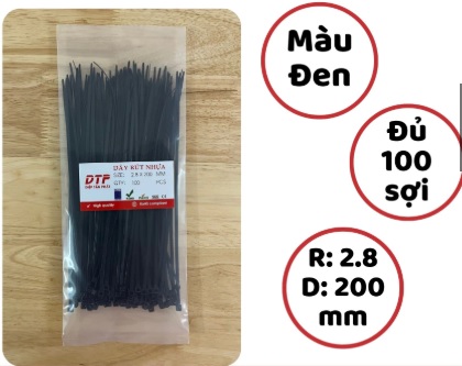 [DTP.2.8x200mm] Pack of 100 Black DTP Plastic Cable Ties 20cm - 2.8x200mm