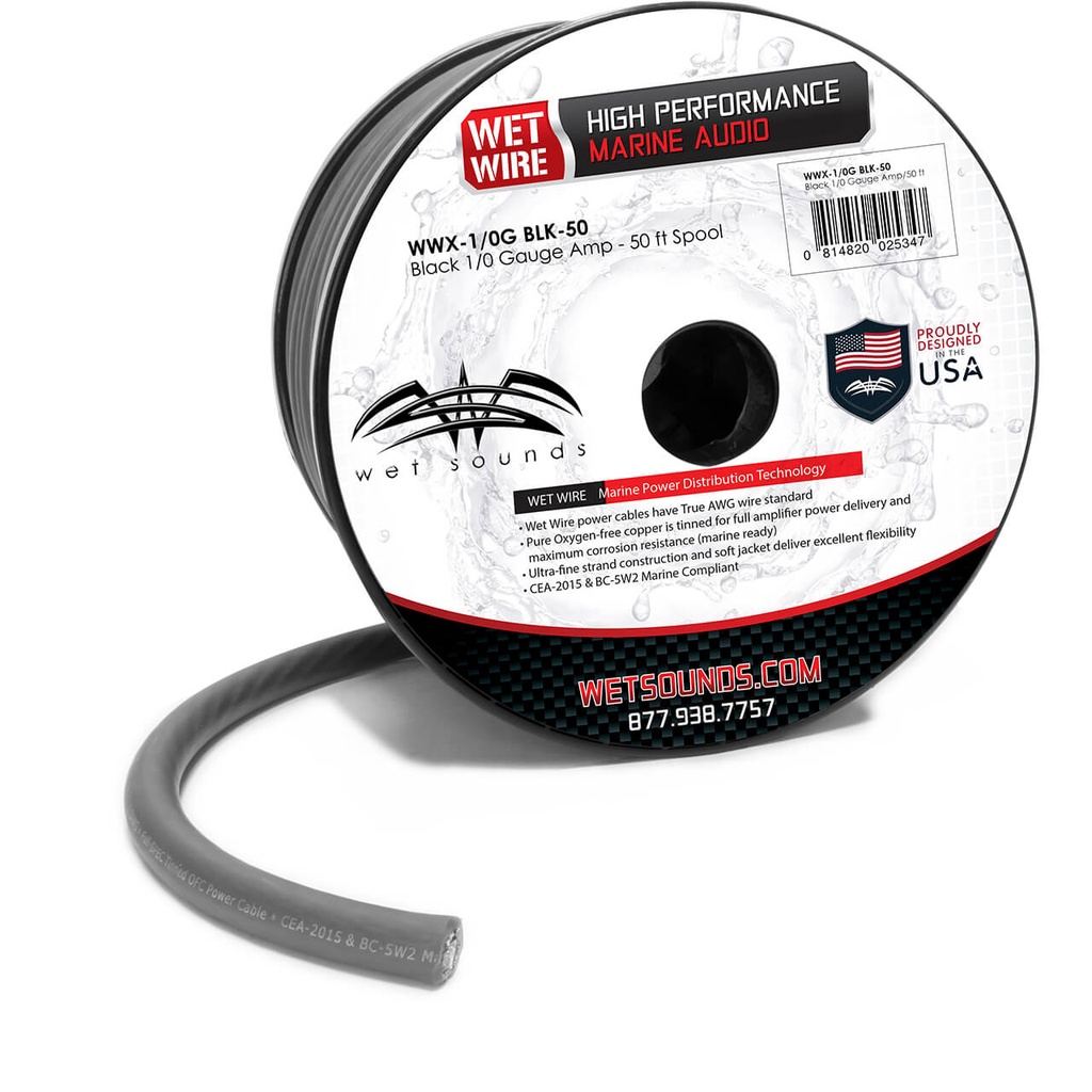 Wet Sounds Black Frosted 1/0 TRUE AWG Gauge Amp Wire - 50ft Spool, model #: WWX-1/0G BLK-50