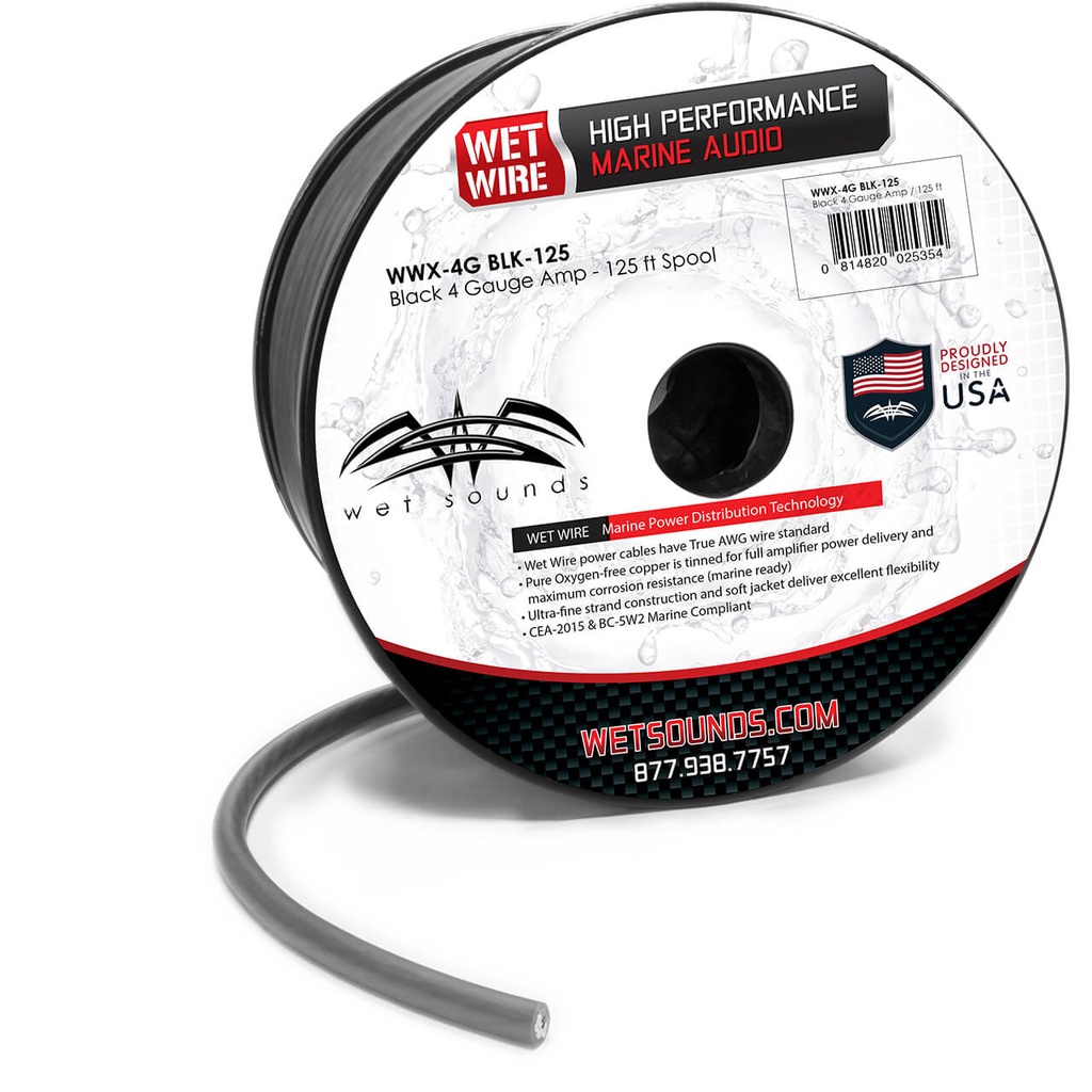 Wet Sounds Black Frosted 4 TRUE AWG Gauge Amp Wire - 125ft Spool, model #: WWX-4G BLK-125