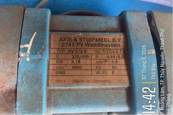 [Axis & Stuifmeel HV 2/2-6] Axis & Stuifmeel Vibrator Motor, AEG AD63N2/121 S011/01 S, TYP HV 2/2-5 nt1104214, 230/400, KW 0.16, 2600, IP65, A 0.49/0.29, COS φ 0.8, W KL F, PART NO: HV 2/2-6