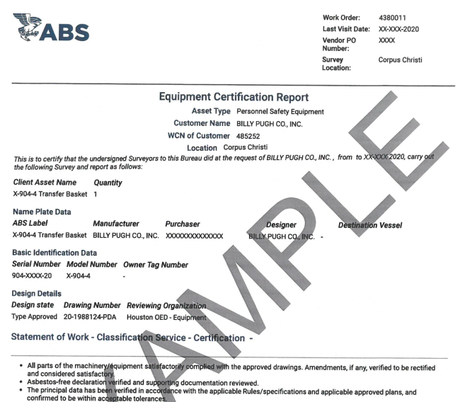 X-904 ABS Standard Certificate / Chứng chỉ ABS cho rọ cẩu người X-904
