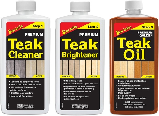 [1995034] STAR BRITE Teak Kit - Restore, Protect & Renew Outdoor Furniture & Boats - Marine Grade Teak Cleaner, Brightener & Golden Teak Oil 32 oz kit / Bộ sản phẩm STAR BRITE Teak - Phục hồi, Bảo vệ & Làm mới Đồ nội thất ngoài trời & Thuyền - Bộ sản phẩm Chất tẩy gỗ Teak cấp hàng hải, Chất làm sáng & Dầu gỗ Teak vàng, dung tích 32 oz (946 ml)