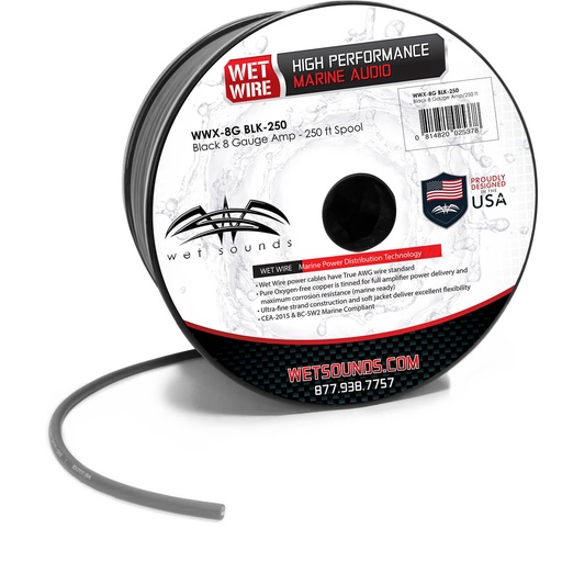 [WW-8 BLK-250] Wet Sounds Black Frosted 8 TRUE AWG Gauge Amp Wire - 250ft Spool, model #: WW-8 BLK-250
