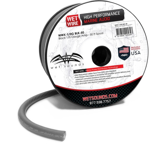 [WWX-1/0G BLK-50] Wet Sounds Black Frosted 1/0 TRUE AWG Gauge Amp Wire - 50ft Spool, model #: WWX-1/0G BLK-50