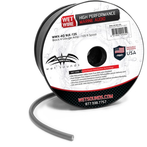 [WWX-4G BLK-125] Wet Sounds Black Frosted 4 TRUE AWG Gauge Amp Wire - 125ft Spool, model #: WWX-4G BLK-125